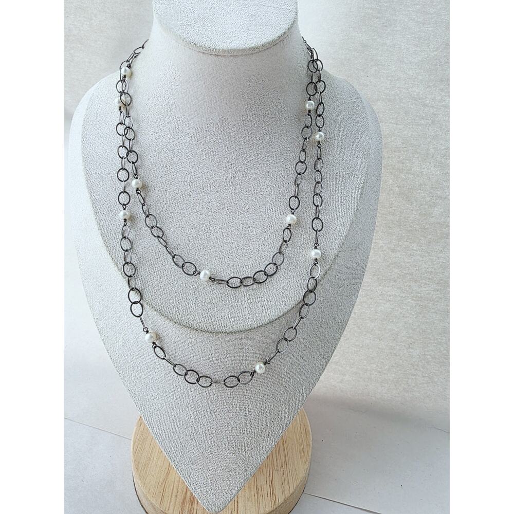 New 925 Sterling Silver White Round Pearl Necklace long Stamped Chain Classic